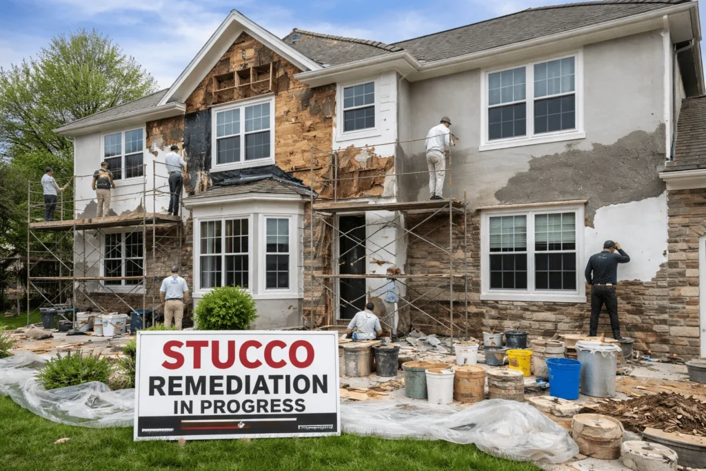 Workers repair stucco on a two-story house using scaffolding and tools. A large sign in the yard reads STUCCO REMEDIATION IN PROGRESS. Debris and buckets are scattered on plastic sheets nearby.