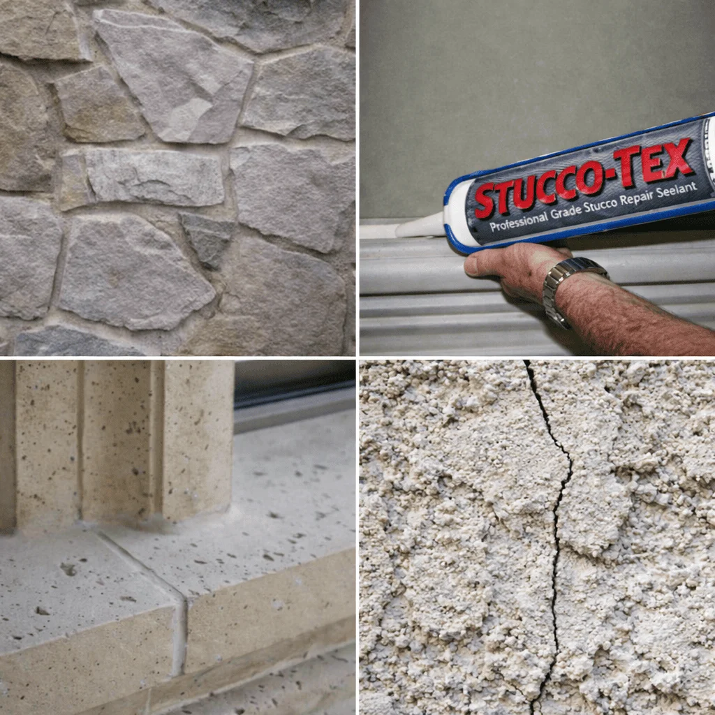 A collage showing stone veneer, a hand applying stucco sealant, a close-up of cast stone, and cracked stucco, depicting different types of wall finishes and repairs.