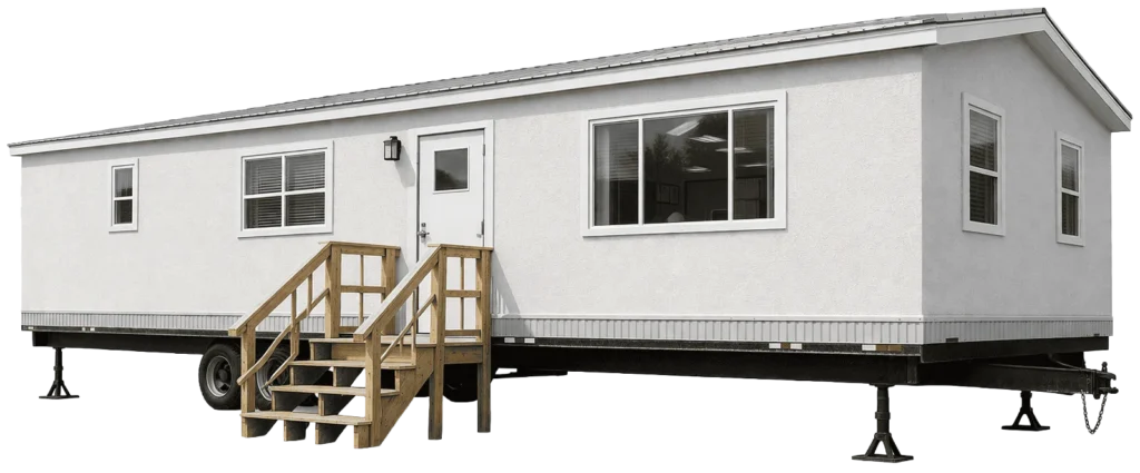 A white mobile office trailer with several windows and a front door, elevated on metal supports, and wooden steps leading up to the entrance.