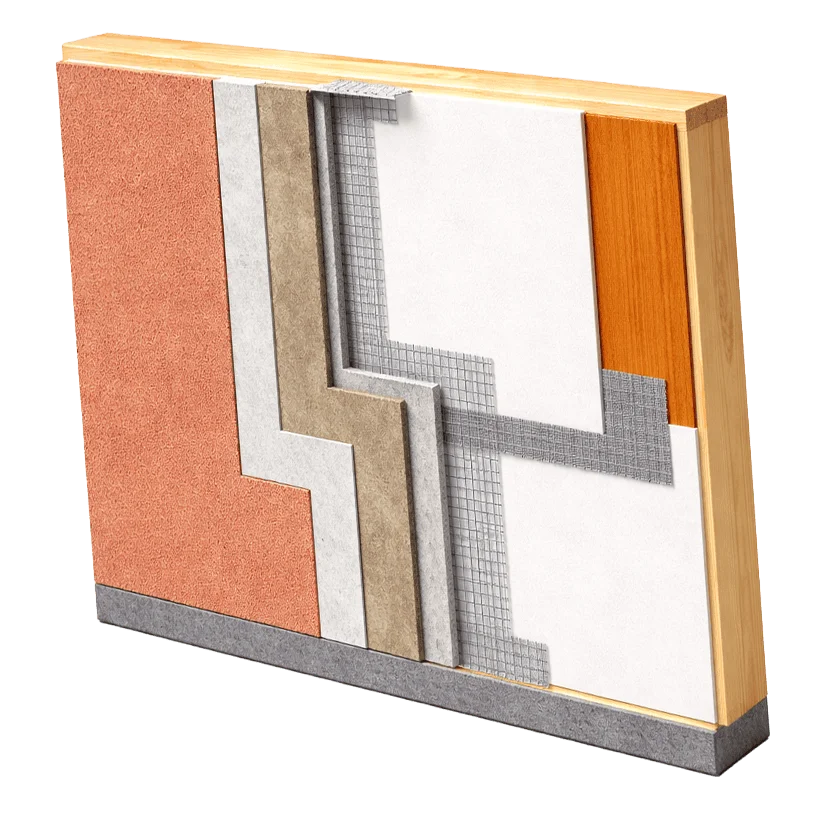 A cross-section model of an insulated wall, showing layers including plaster, insulation, mesh, concrete, and wood, each displayed in different colors and textures to illustrate construction materials.