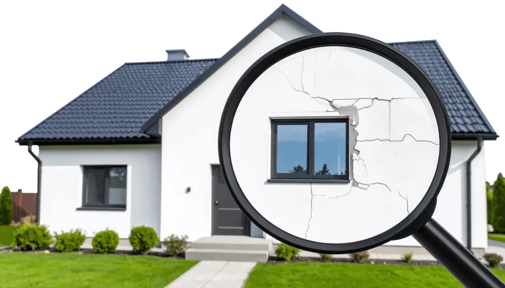 A magnifying glass highlights cracks on the exterior wall near a window of a modern white house with a dark roof and green lawn.