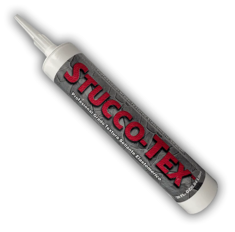 A tube of STUCCO-TEX professional grade texture sealant with a pointed nozzle, featuring a gray and red label.