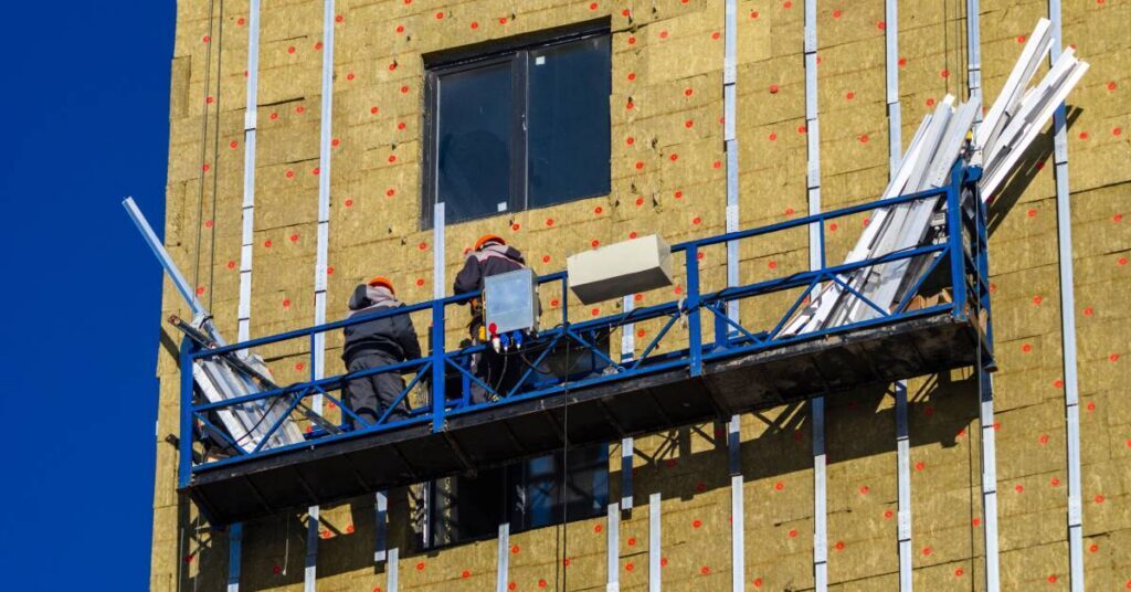 Two workers constructing a building from several stories up. They're on a piece of blue scaffolding while working.