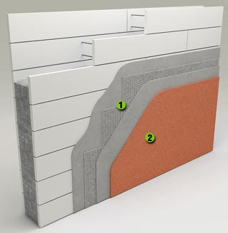A cross-section diagram of a wall showing multiple construction layers, including insulation boards, mesh reinforcement, base coat, and an orange exterior finish, labeled with green numbers 1 and 2.