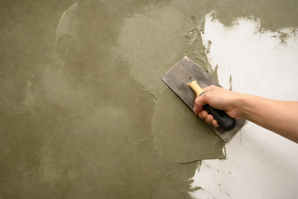 A hand uses a trowel to spread plaster or cement onto a wall, partially covering a white surface with a smooth layer of grayish material.