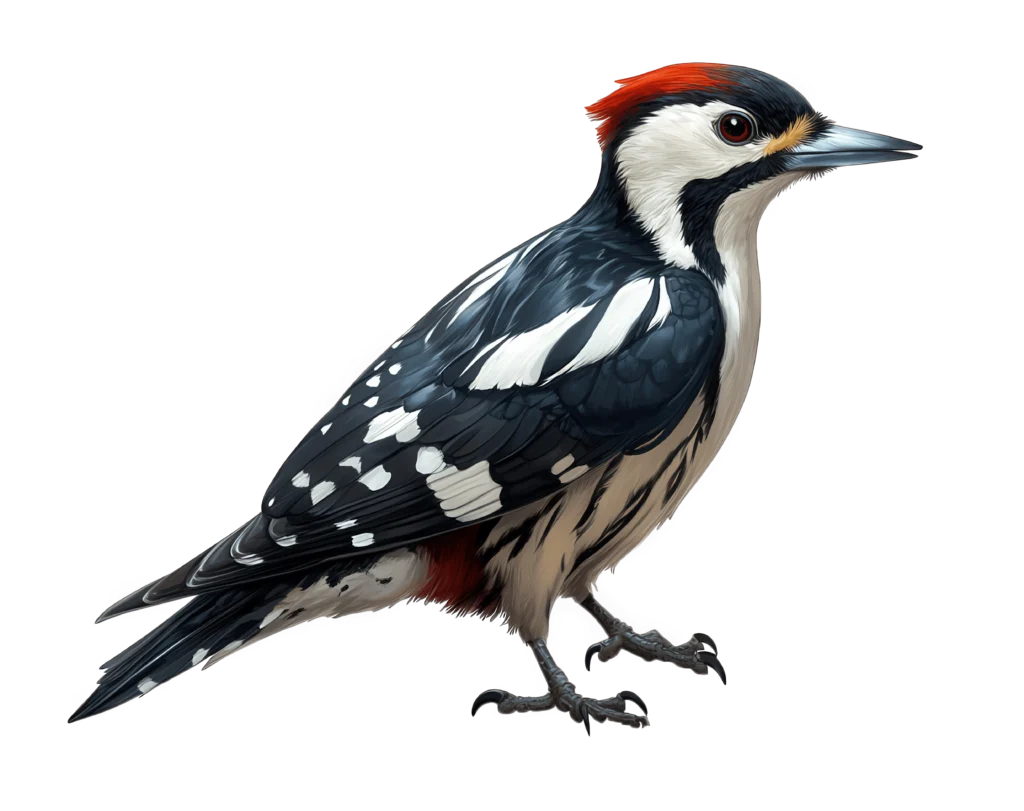 A black and white woodpecker with red markings on its head and under its tail stands in profile, showing its distinctive plumage and pointed beak on a plain background.