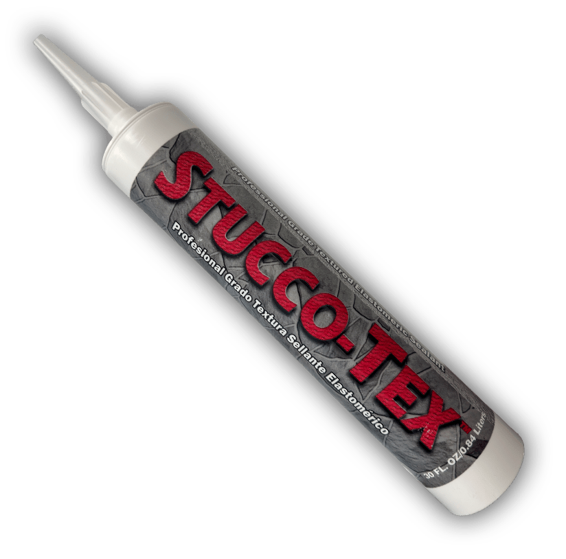 A tube of STUCCO-TEX professional grade texture sealant with a pointed nozzle, featuring a gray and red label.