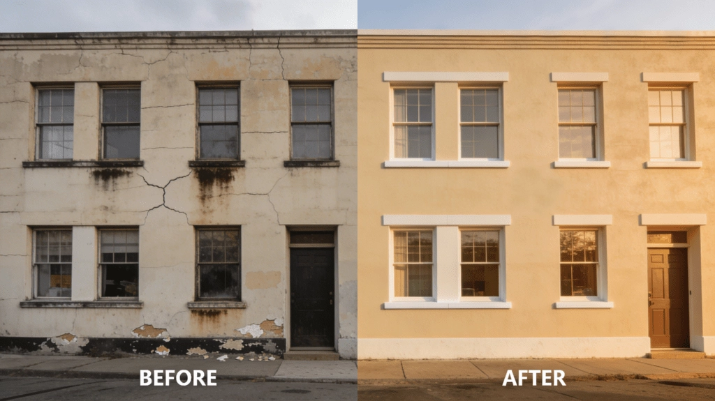 Side-by-side comparison of a building: the left side is old, cracked, and damaged; the right side is newly renovated with fresh paint, repaired walls, and clean windows. Text labels read “Before” and “After.”.