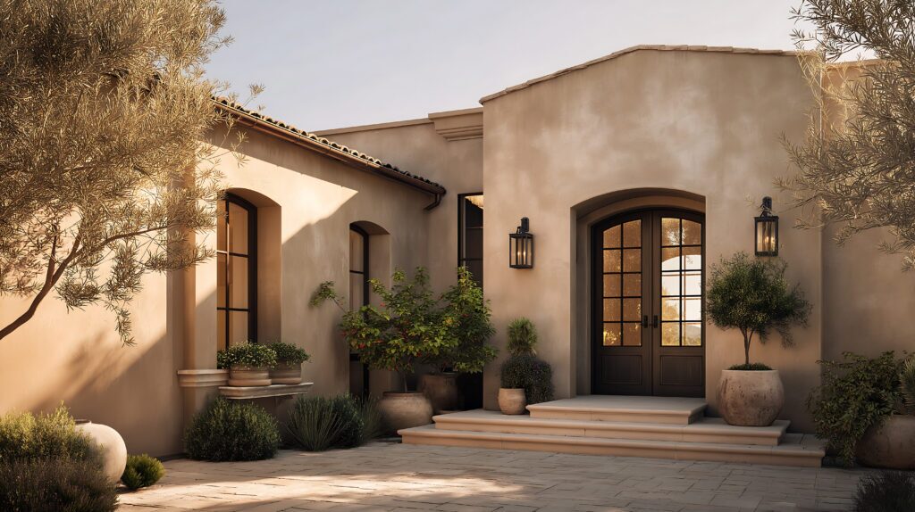 A Mediterranean-style house with beige stucco walls, arched windows, black double doors, and large potted plants. Olive trees and greenery decorate the entrance, highlighted by warm sunlight.