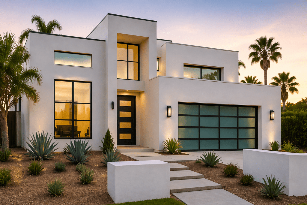 Modern two-story house with large windows, flat roof, and a glass-paneled garage door. The front yard has minimalist landscaping with succulents, agave plants, and palm trees, all at sunset.