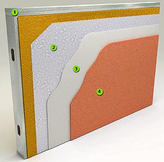 A cross-section diagram of an insulated wall system showing four labeled layers: a metal support panel, white insulation, a lighter middle layer, and an outer orange textured finish.
