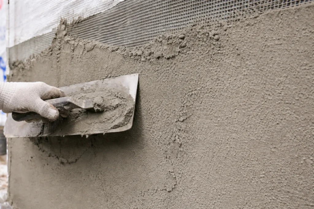 A construction worker uses a trowel to apply wet cement plaster onto a wall covered with metal lath mesh, smoothing the surface during building or renovation work.