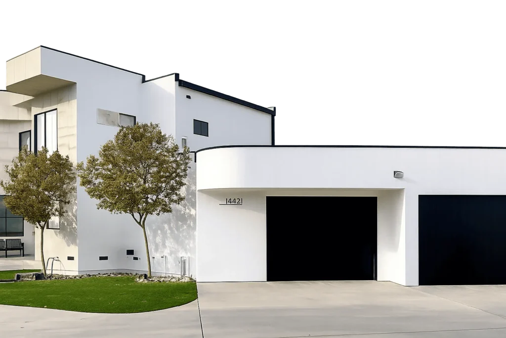Modern white house with black accents, flat roof, large garage doors, and minimal windows. Two small trees and a manicured lawn are in front, with a smooth concrete driveway leading to the garage.