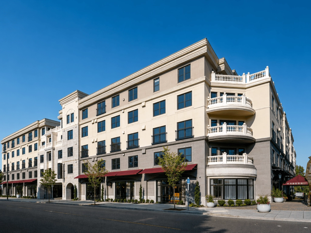 A modern four-story apartment building with beige and gray exterior, large windows, red canopies over ground-floor businesses, white decorative balconies, and small trees along the sidewalk, set against a clear blue sky.