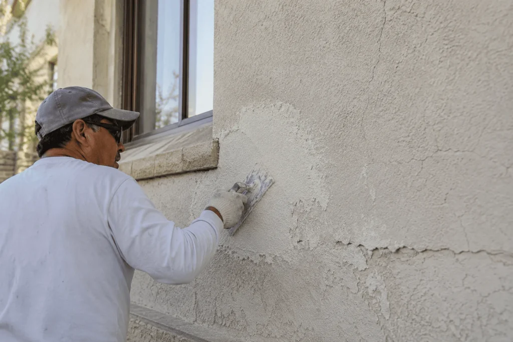 A person wearing a cap, sunglasses, and gloves applies plaster to a textured exterior wall near a window using a trowel.