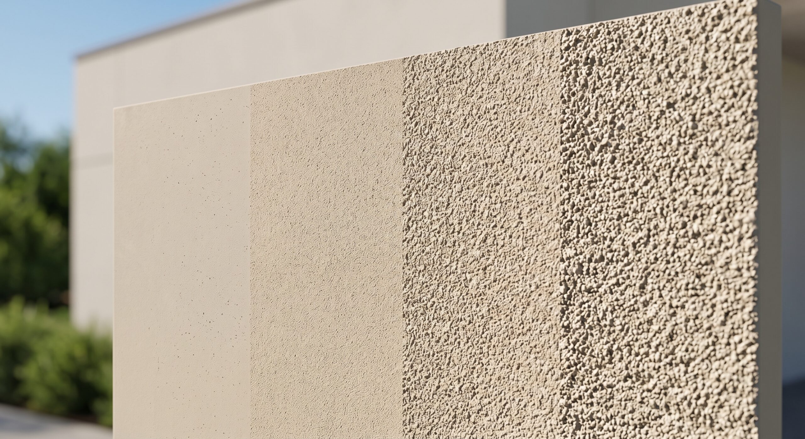 A vertical panel displays four sections with varying textures, from smooth on the left to rough and pebbly on the right, against a blurred building and greenery in the background.