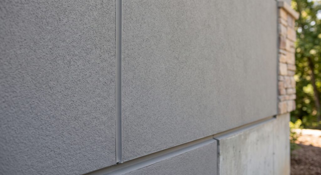 Close-up of a gray stucco wall with visible seams. The surface appears textured, and part of a stone corner and some greenery are visible in the background.