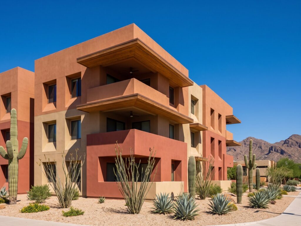 Contemporary four-story mixed-use building in the Arizona desert with terracotta and sand stucco walls, saguaro cactus, and desert mountains beyond