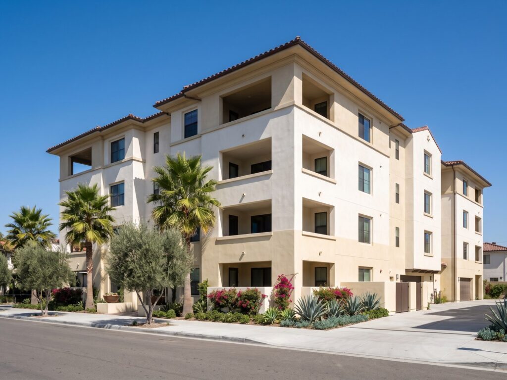 Contemporary four-story mixed-use building in coastal California with cream stucco walls, deep balconies, and palm and olive trees along the sidewalk