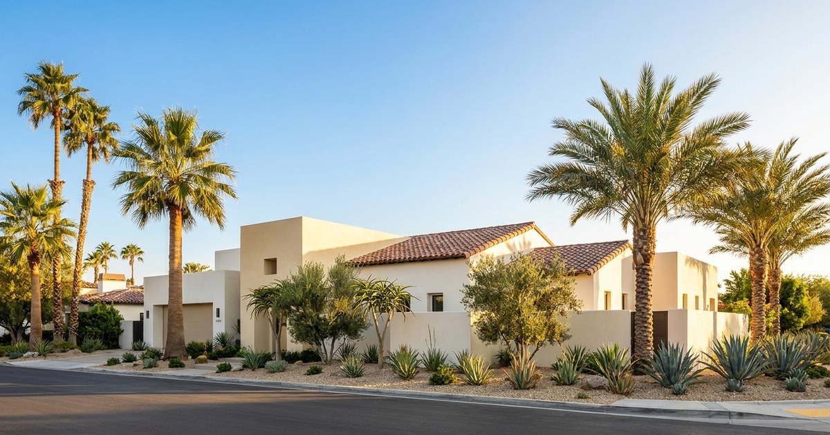 Contemporary California home with cream stucco walls, clay tile roof, and palm trees at golden hour
