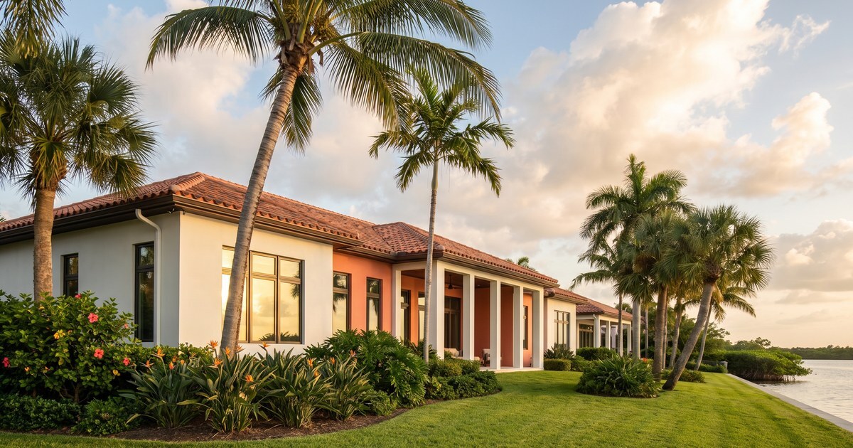 Contemporary single-storey coastal Florida home with white stucco walls, a barrel tile roof, shaded loggias, and coconut palms at golden hour