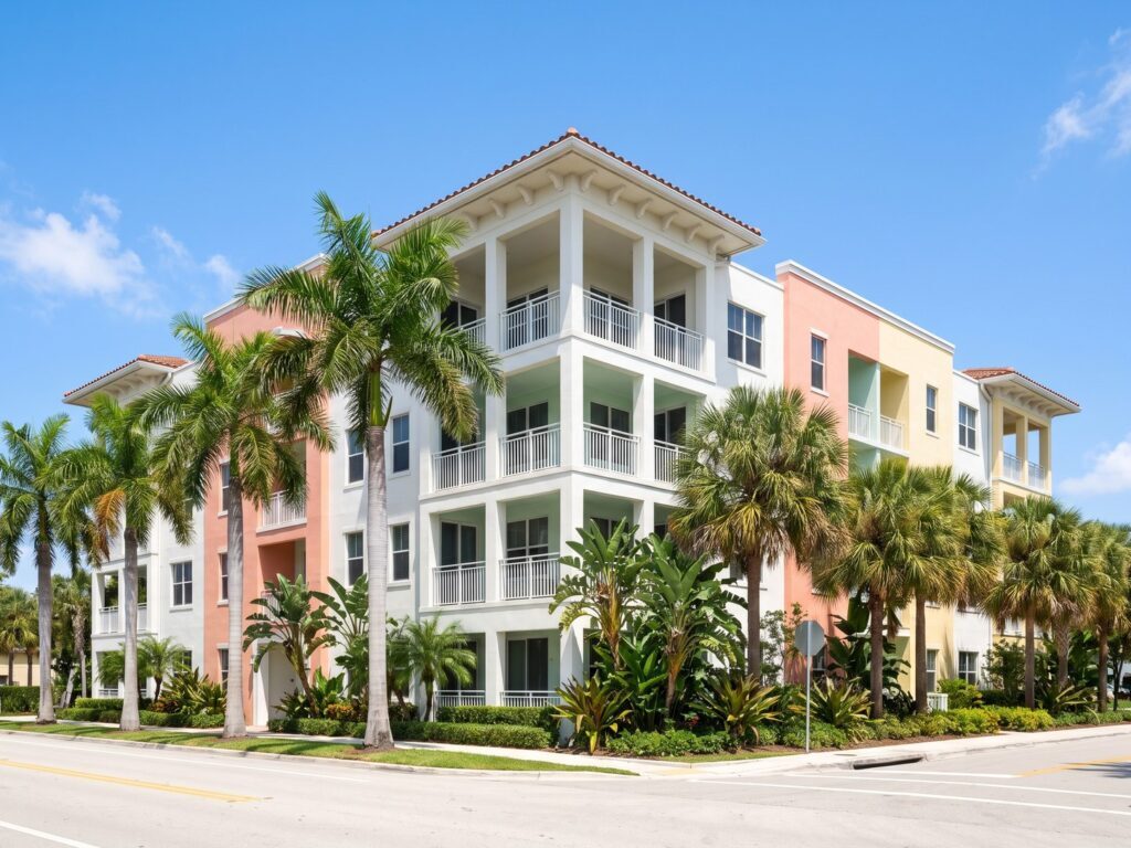 Contemporary four-story mixed-use building on the Florida coast with white stucco walls, a barrel tile roof, shaded loggias, and royal palms