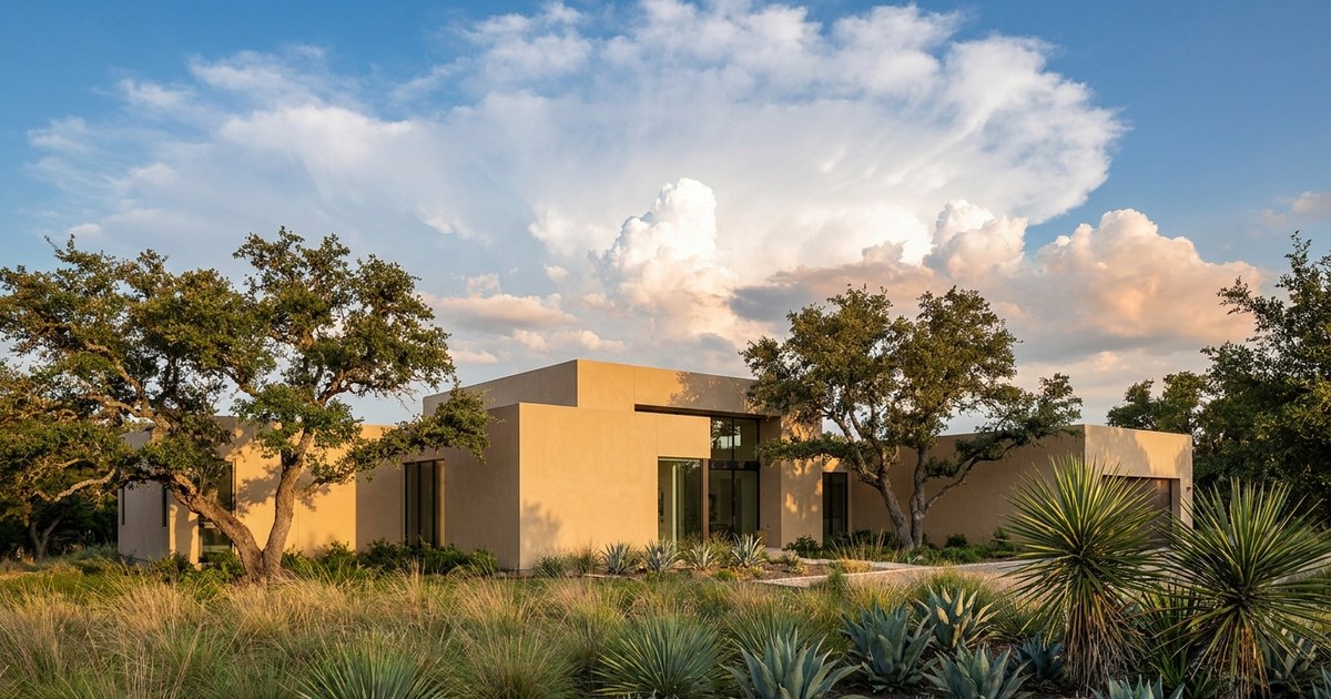 Contemporary Texas building with warm sand-colored stucco walls, live oaks, and a wide cloud-filled sky