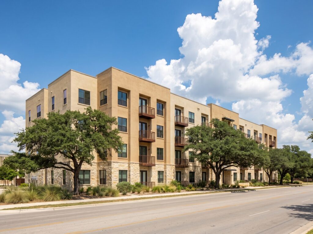 Contemporary four-story mixed-use building in Texas with sand-colored stucco walls, a limestone base, and live oaks under a wide cloud-filled sky