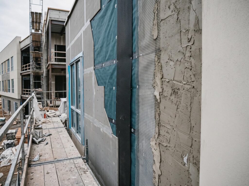 The exterior wall of a building under construction, showing layers of sheathing, moisture barrier, drainage mat, wire mesh, and base coat plaster.