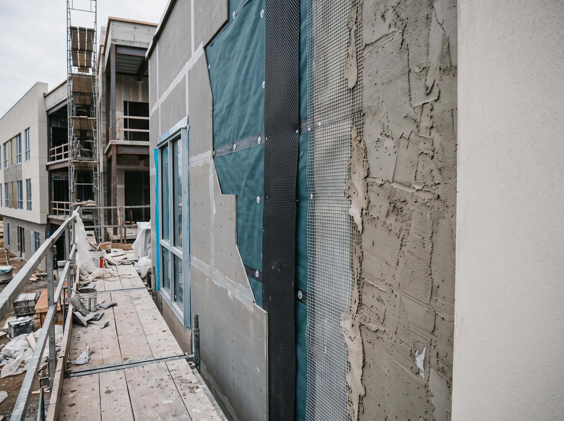 The exterior wall of a building under construction, showing layers of sheathing, moisture barrier, drainage mat, wire mesh, and base coat plaster.