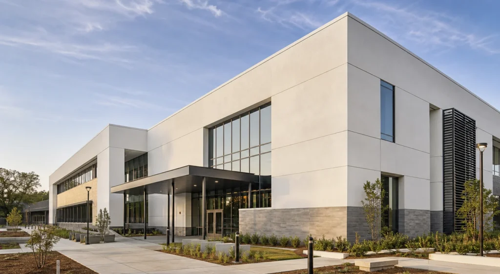 A modern two-story building with large windows, a covered entrance, and landscaped walkways under a blue sky with light clouds. The structure features clean lines and minimalistic design.