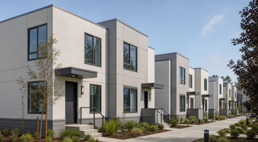 A row of modern, two-story townhouses with flat roofs, large windows, light gray exteriors, small landscaped yards, and a sidewalk lined with young trees and plants.