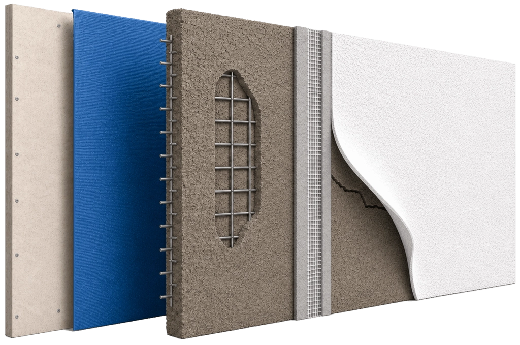 Exploded view of a wall section showing six layers: drywall, blue insulation board, metal reinforcement mesh in concrete, another mesh layer in concrete, and a textured white finish with a portion peeled back.