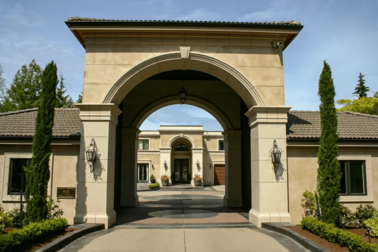Large, beige luxury home with a grand arched entryway, wrought iron lanterns, columns, and manicured landscaping. The driveway leads through the arch to the main entrance and garage in the background.