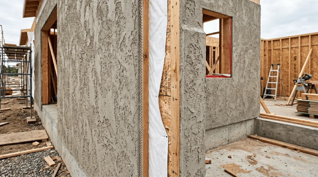 Close-up of a house under construction, showing unfinished stucco walls, exposed wood framing, a window opening, and construction materials scattered around the site. Scaffolding and ladders are visible in the background.