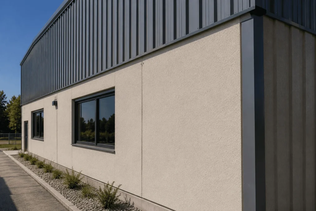 A modern industrial building with light-colored stucco walls, gray metal siding, and dark-framed windows. Small shrubs are planted in a gravel bed alongside the exterior.