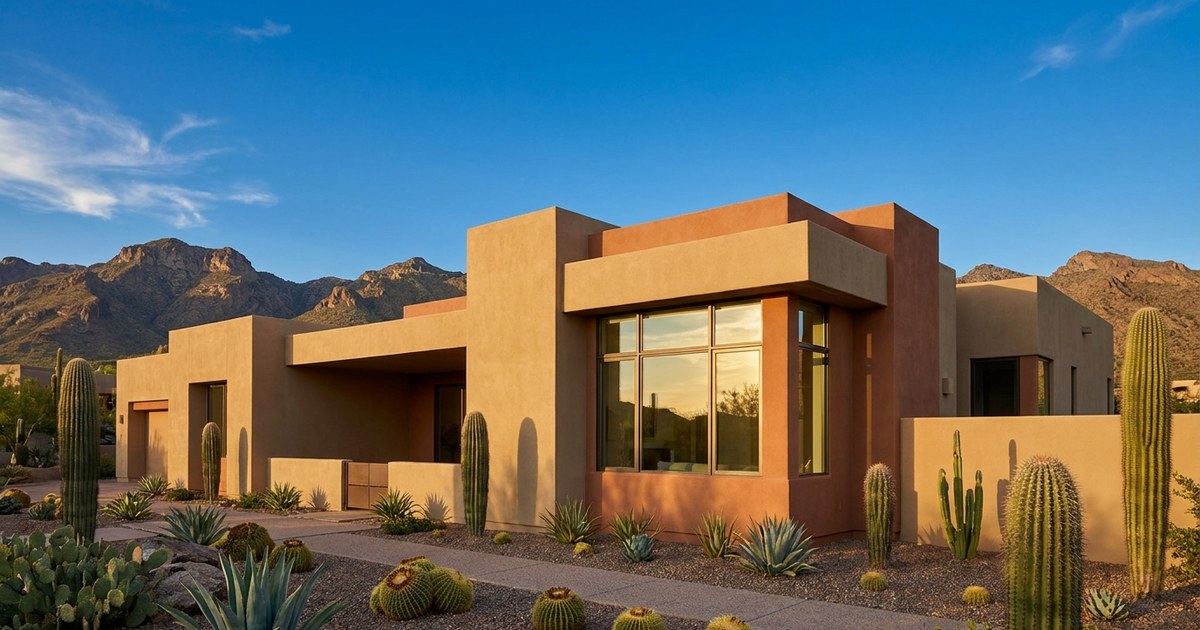 Contemporary Arizona desert home with warm sand and terracotta stucco walls, saguaro cactus, and mountains at sunset