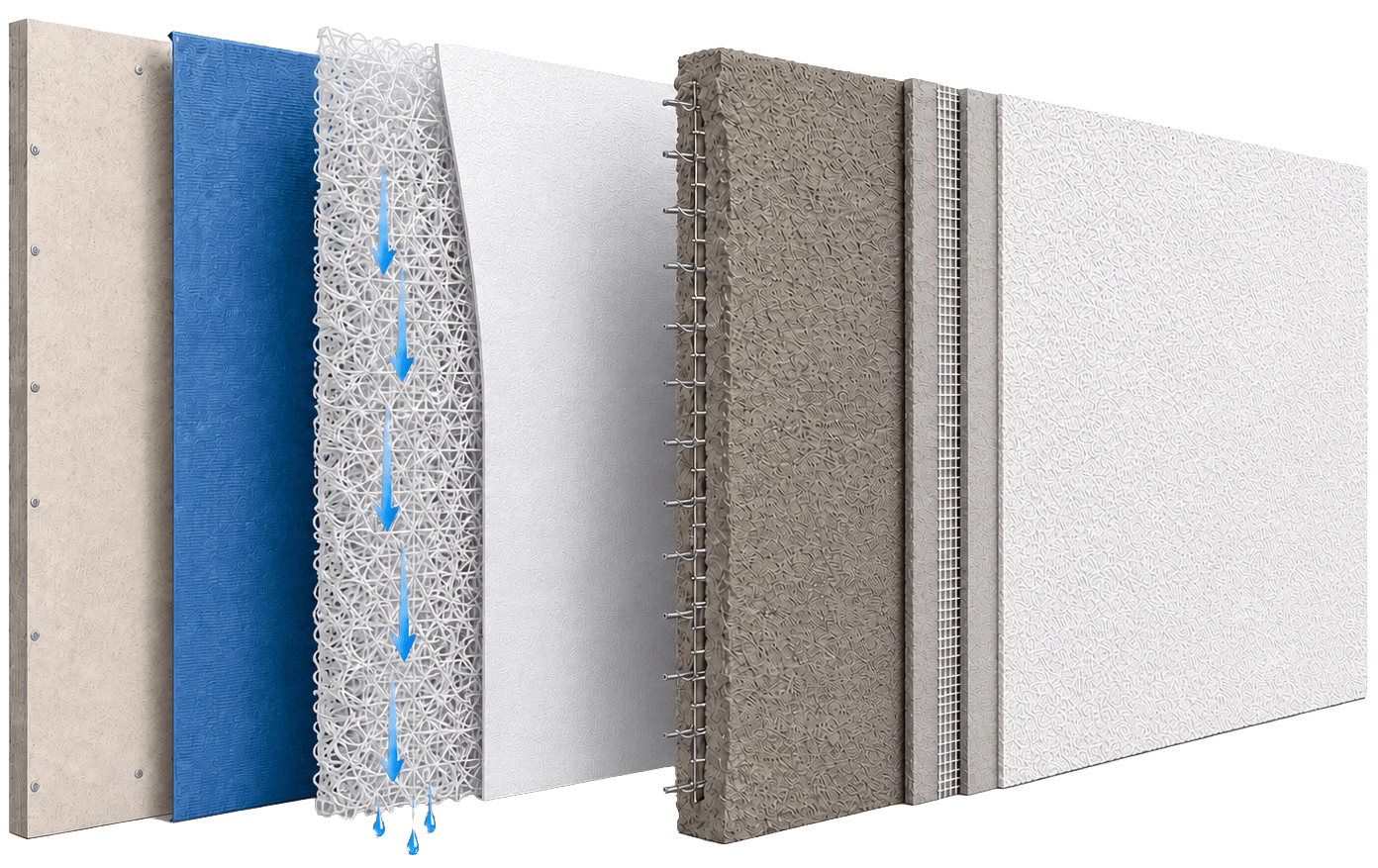 An exploded view of a multi-layer wall assembly, showing sections of materials including drywall, blue moisture barrier, drainage mesh with blue water drops, insulation, mesh, and white outer stucco finish.