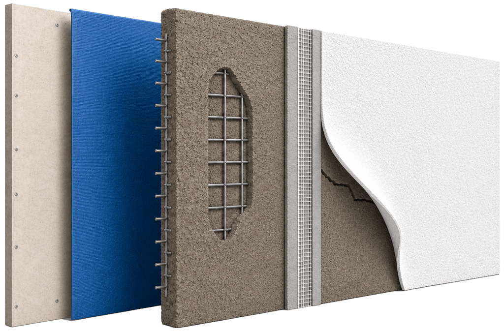 Exploded view of a wall section showing six layers: drywall, blue insulation board, metal reinforcement mesh in concrete, another mesh layer in concrete, and a textured white finish with a portion peeled back.