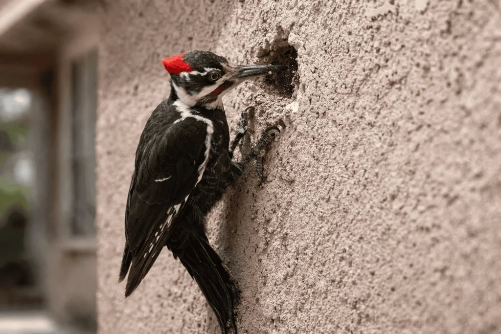 A black and white woodpecker with a red crest pecks at a hole in the stucco wall of a building.