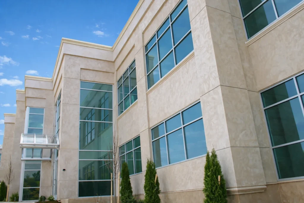 Modern beige office building with large glass windows, reflected blue sky, and a row of small green shrubs along the front exterior on a clear day.