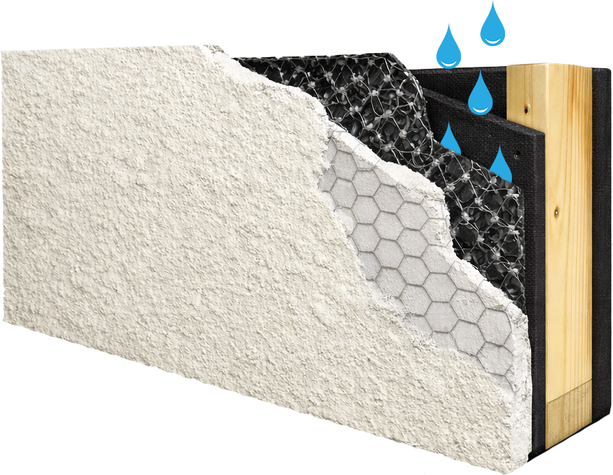 A cross-section of a wall showing layers: outer plaster, wire mesh, drainage mat, insulation, and wood. Blue water droplets indicate moisture moving through the layers toward the drainage mat.