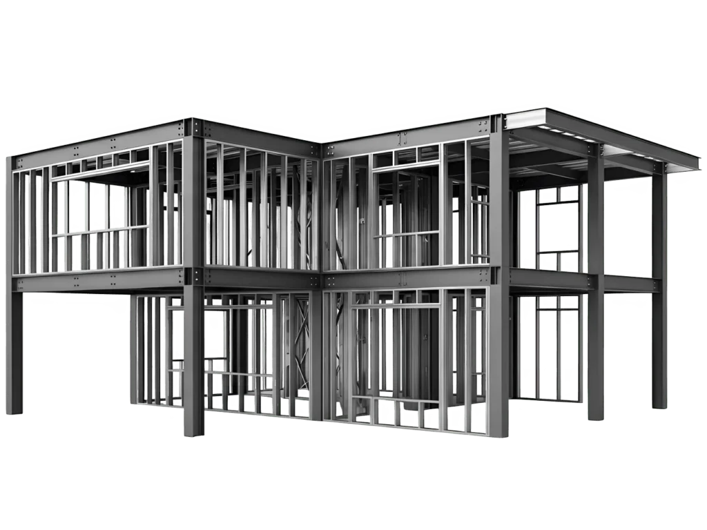 Steel frame structure of a two-story building with open spaces for windows and doors, showing the metal beams and supports, isolated on a white background.