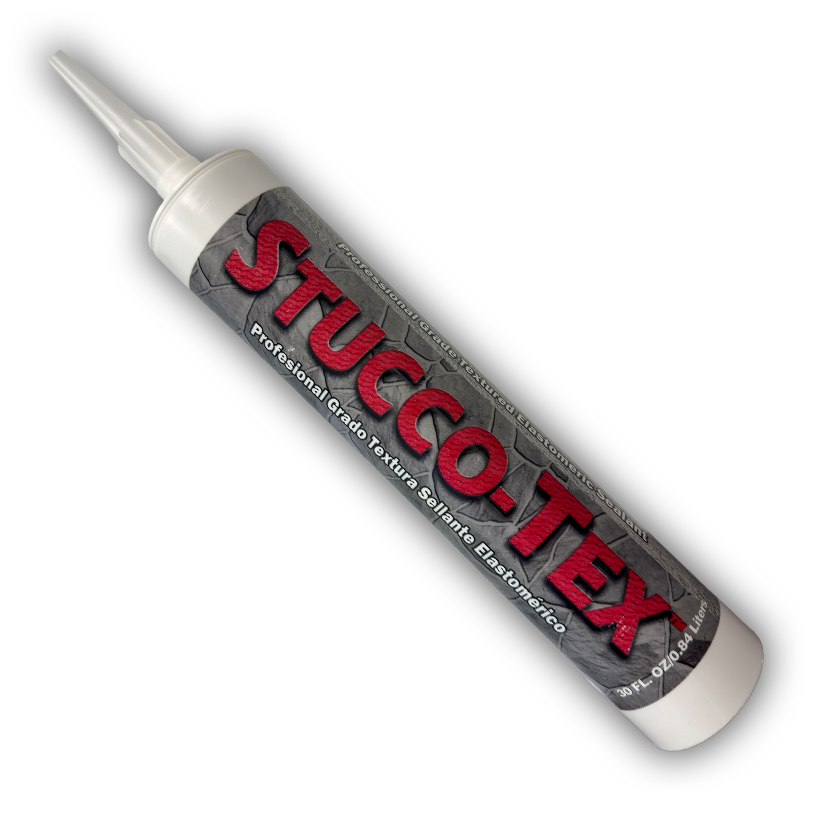 A tube of STUCCO-TEX professional grade texture sealant with a pointed nozzle, featuring a gray and red label.