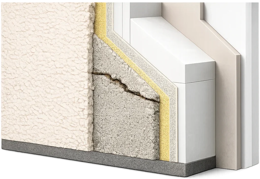 A cross-section of a building wall showing multiple layers, including exterior stucco, insulation, cracked concrete, yellow foam, and inner wall materials, illustrating wall construction and insulation.