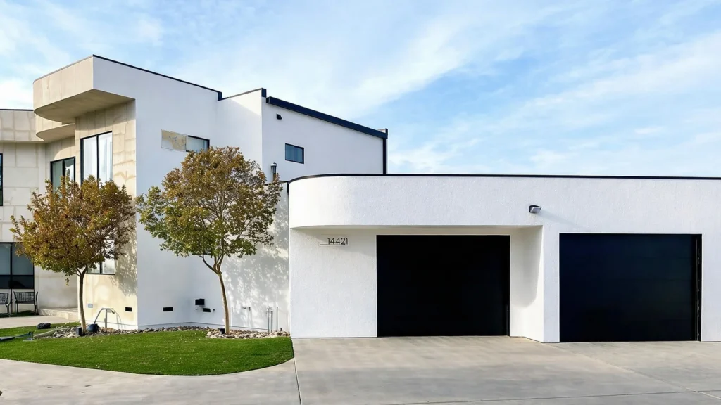 Modern white two-story house with black-framed windows, two black garage doors, small trees, green lawn, and a clear blue sky in the background.