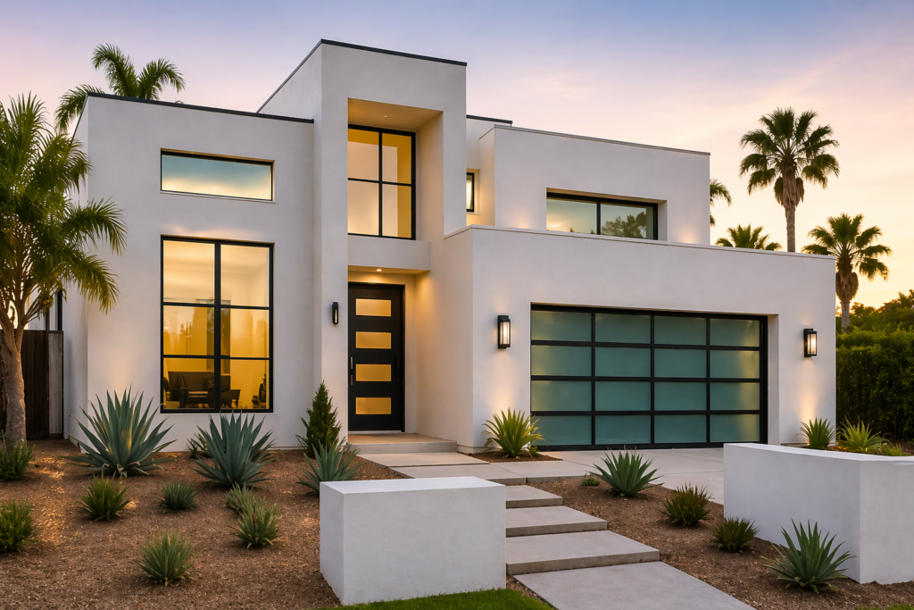 Modern two-story house with large windows, flat roof, and a glass-paneled garage door. The front yard has minimalist landscaping with succulents, agave plants, and palm trees, all at sunset.