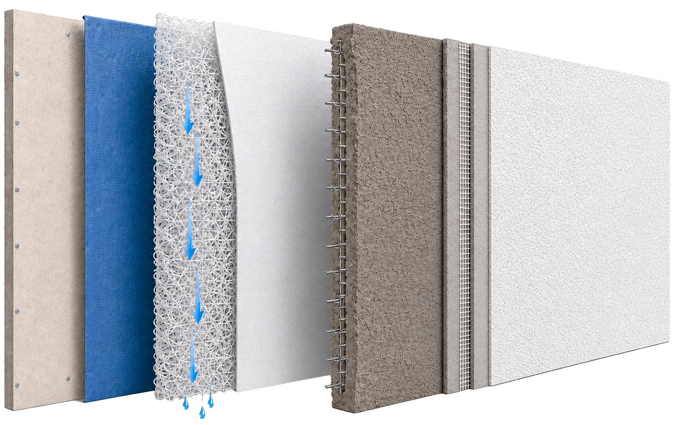 An exploded view of a multi-layer wall assembly, showing sections of materials including drywall, blue moisture barrier, drainage mesh with blue water drops, insulation, mesh, and white outer stucco finish.