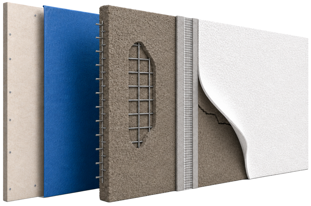 Exploded view of a wall section showing six layers: drywall, blue insulation board, metal reinforcement mesh in concrete, another mesh layer in concrete, and a textured white finish with a portion peeled back.