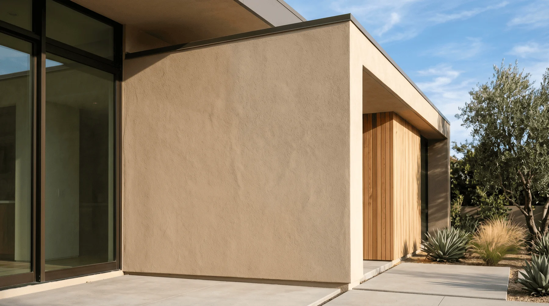 Modern house exterior featuring smooth beige stucco walls, large glass windows, a wooden entrance door, and desert landscaping with agave plants under a blue sky.